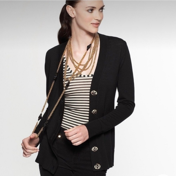 Tory Burch Black Logo Button 100% Cotton V-Neck Cardigan Preppy - Picture 1 of 11